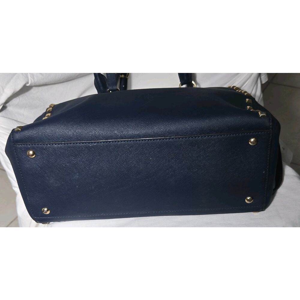 Michael Kors Navy Saffiano Leather Studded Satchel Bag Top Zip Large - Picture 4 of 14